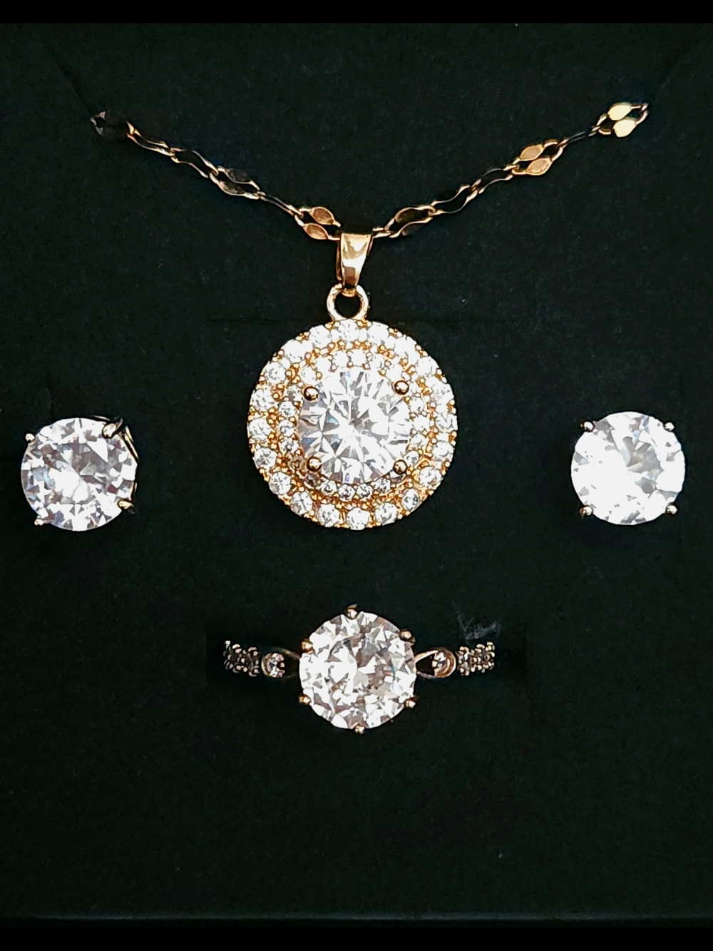 18K Gold Plated Sterling Silver Double Halo Pendant And Jewelry Set